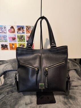 Dooney & Bourke Black Leather Tote with Gold Hardware Accents